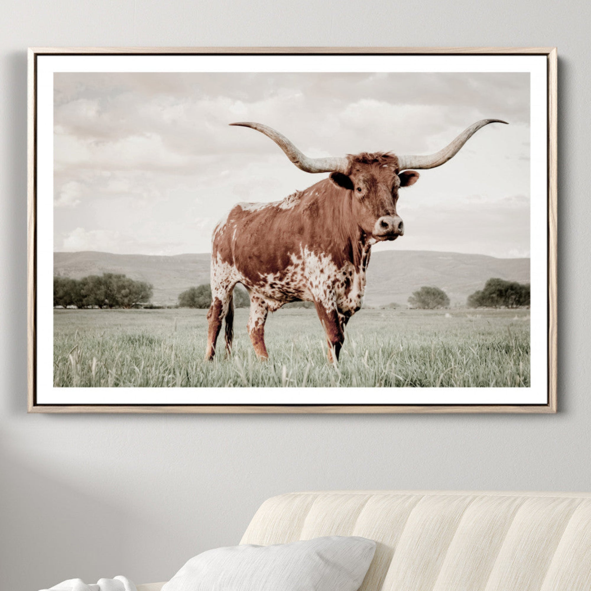 28309012-MGV-CV-36X24-Texas Longhorn Wall Art Canvas Print – Framed Spotted Cattle Horned Bull Western Ranch Animal Artwork for Home Office