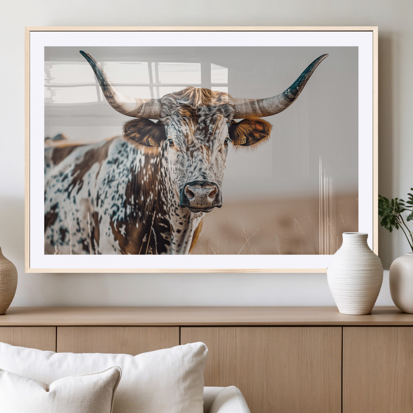 70414966-MGC-FP-36x24 - Majestic Longhorn Wall Art – Canvas Print of Strong Stance Intricate Fur & Sharp Horns Rustic Elegance & Timeless Wild Beauty Decor for Living Room, Office or Bedroom