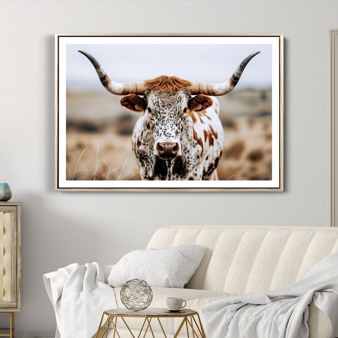 Texas Longhorn Wall Art Canvas Print, Framed Spotted Cow Art Picture Print, Horned Cattle Perfect Rustic Western Decor Artwork