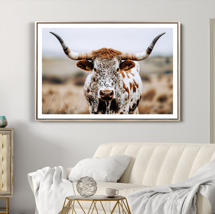 Texas Longhorn Wall Art Canvas Print, Framed Spotted Cow Art Picture Print, Horned Cattle Perfect Rustic Western Decor Artwork
