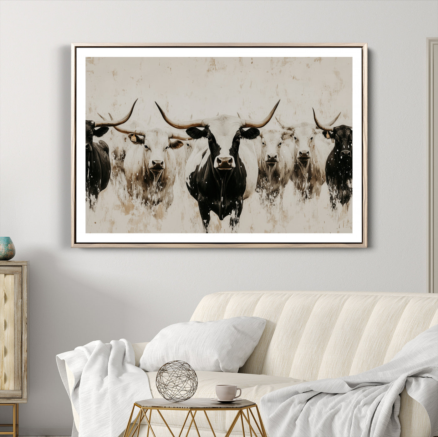 12027562-MGV-CV-36X24-Longhorn Cattle Wall Art Canvas Print – Framed Bison Herd Western Ranch Countryside Animal Landscape Artwork for Home Office