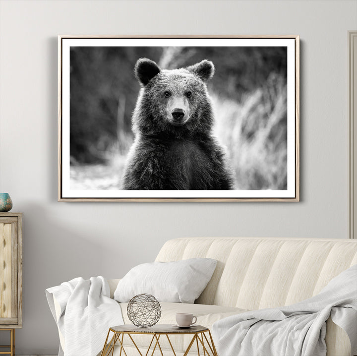 Grizzly Bear Wall Art Canvas Print, Framed Black White Bear Art Picture Print, Wild Bear Perfect Rustic Wildlife Decor