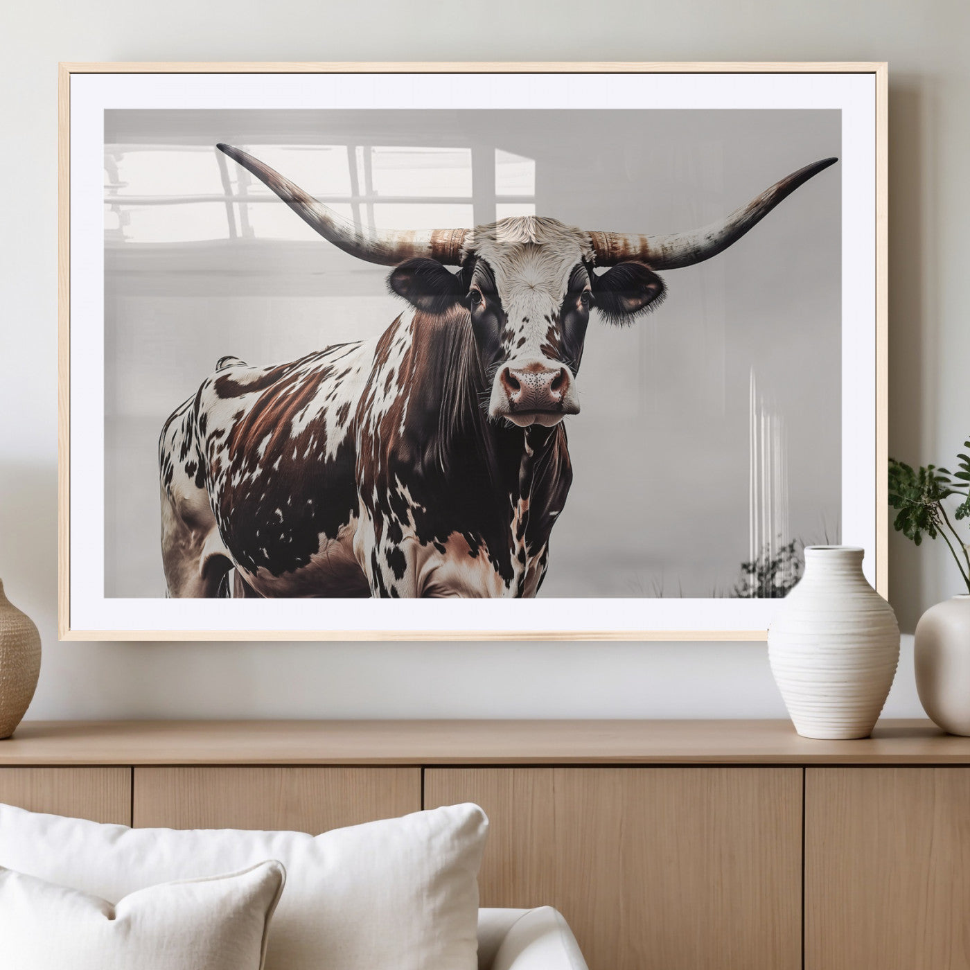Close-up of a Texas Longhorn bull with powerful horns, perfect for rustic farmhouse or country-themed home decor. Ideal for animal lovers.