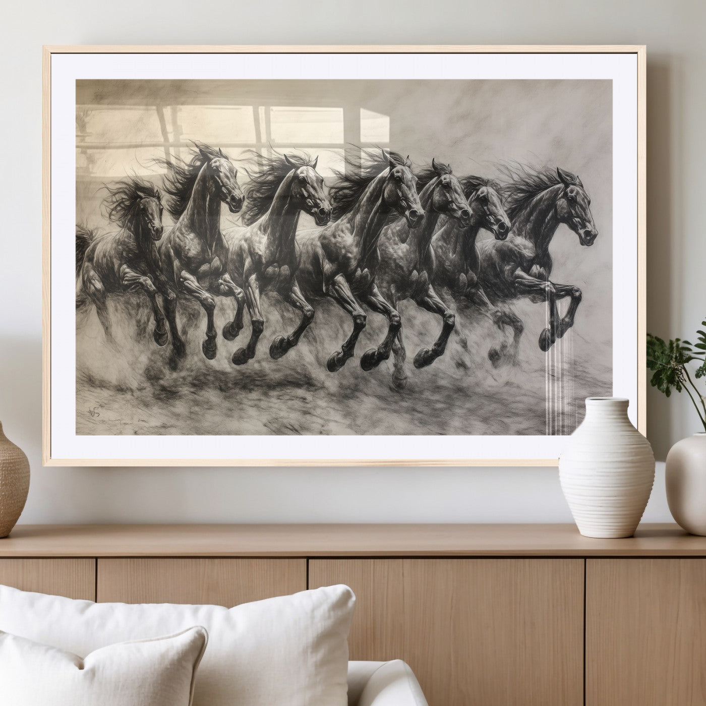 Monochrome drawing of a herd of galloping horses, perfect for dynamic and wild-themed decor in any equestrian or nature-inspired room.