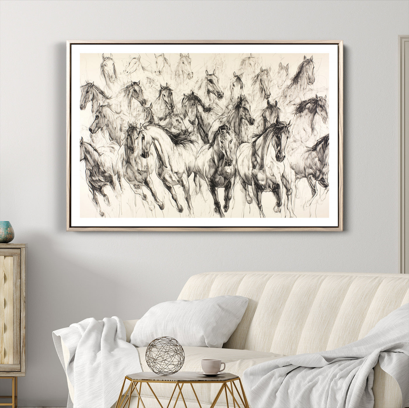 Running Horses Wall Art Canvas Print, Framed Horse Sketch Art Picture Print, Galloping Herd Perfect Monochrome Western Decor