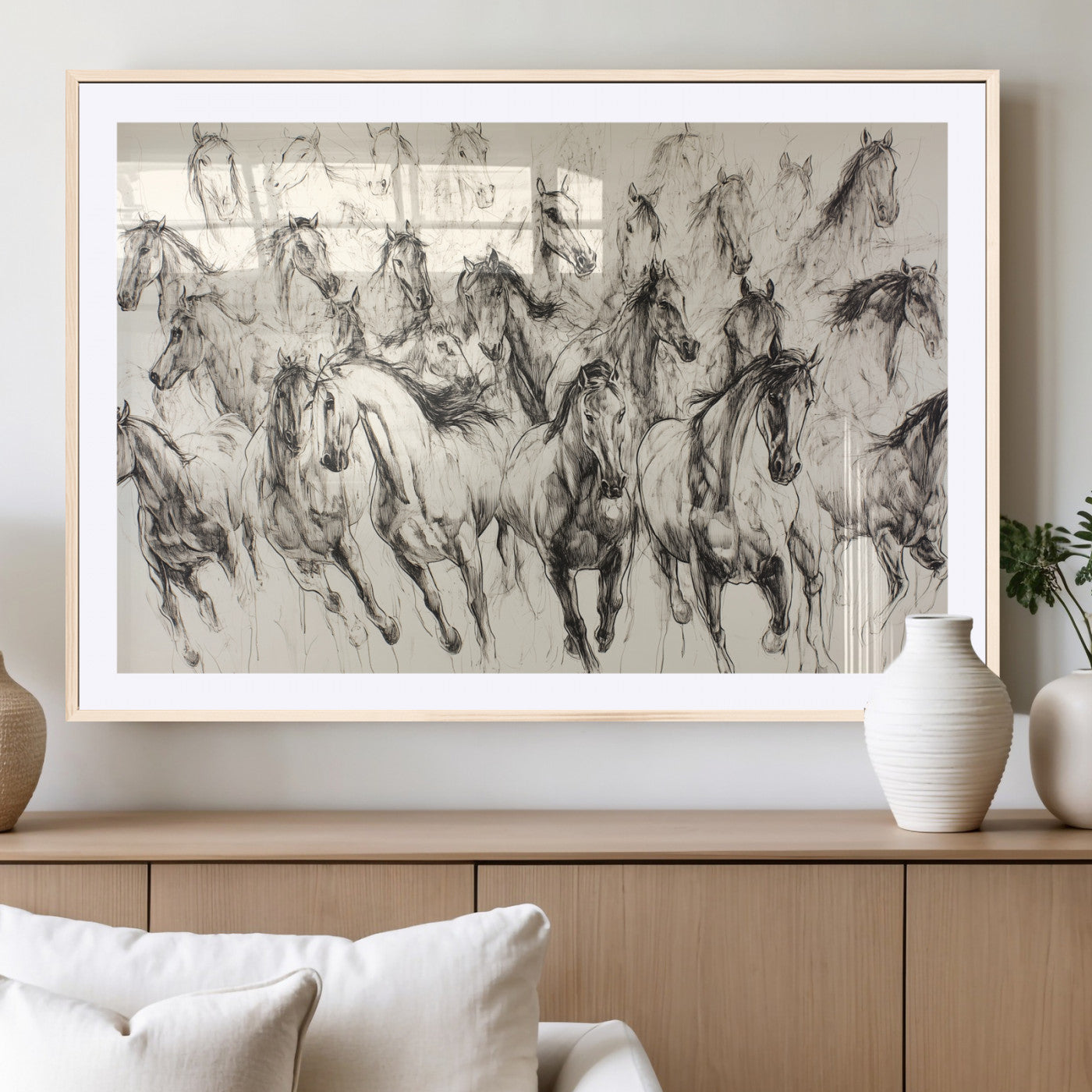 MGC-FP-36x24 - Running Horses Wall Art Canvas Print, Framed Horse Sketch Art Picture Print, Galloping Herd Perfect Monochrome Western Decor Artwork
