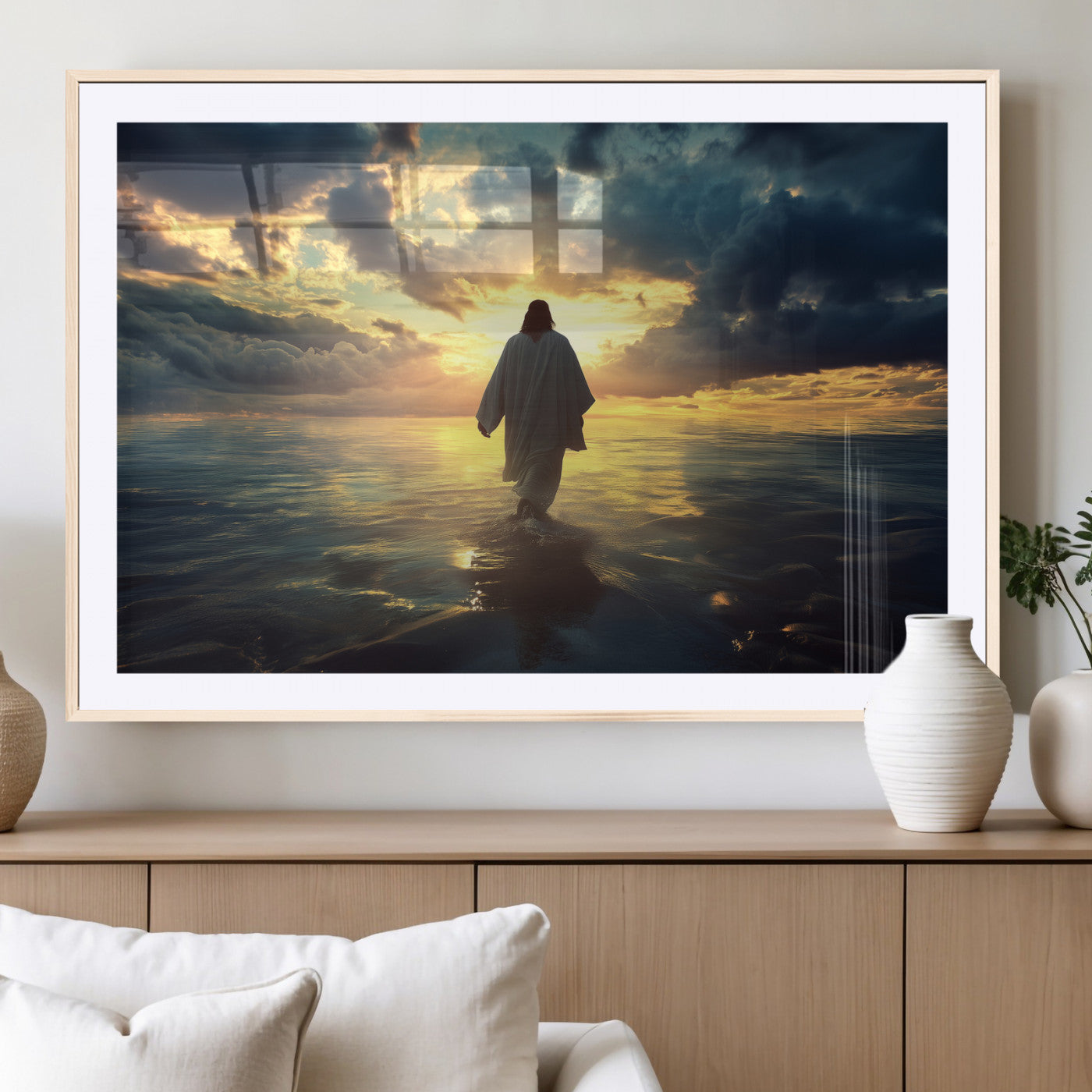 Spiritual artwork of Jesus walking on water at golden hour with divine light, ideal for Christian home decor or prayer room.