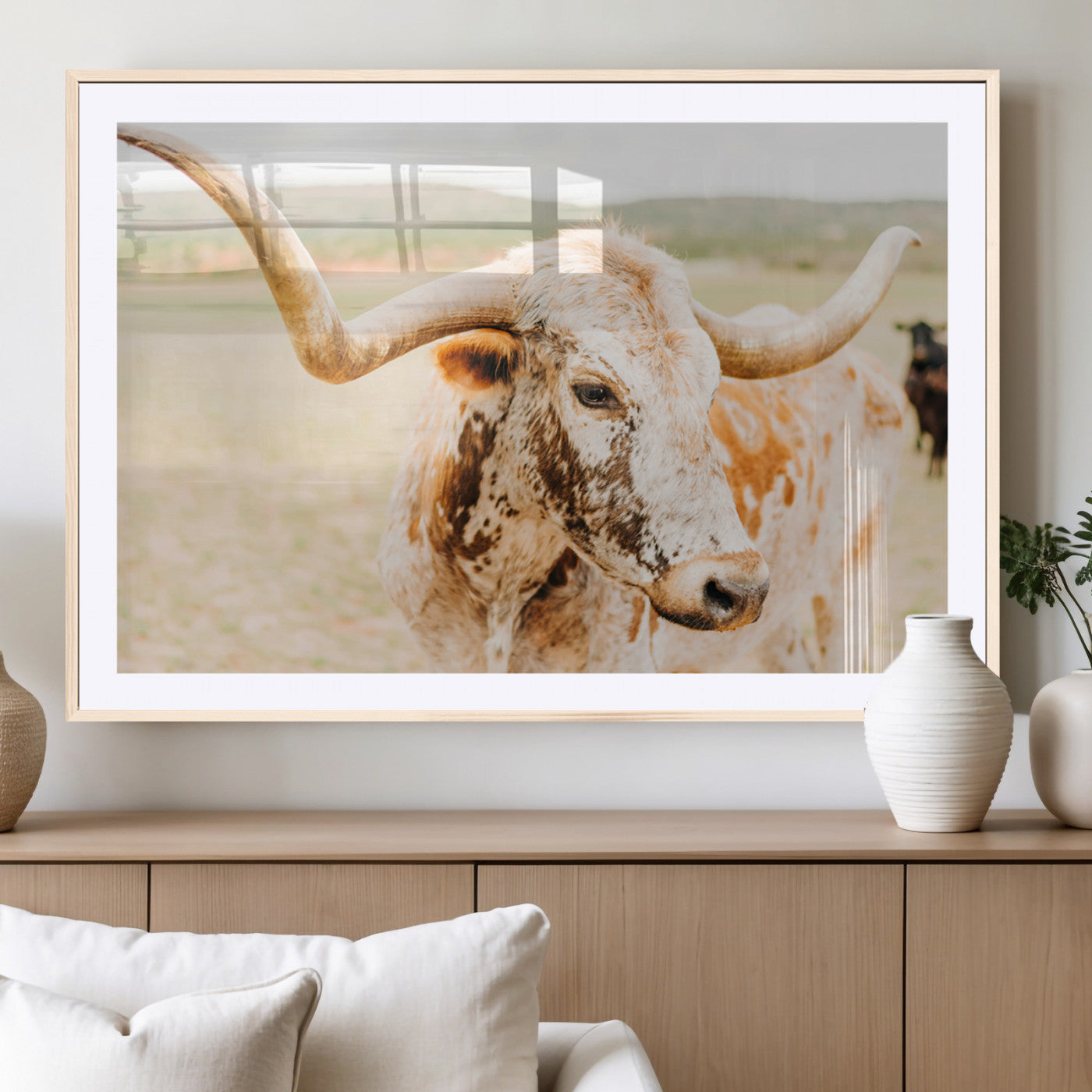 Close-up of a speckled Texas Longhorn in warm prairie tones, perfect for rustic western or countryside-themed room decor.