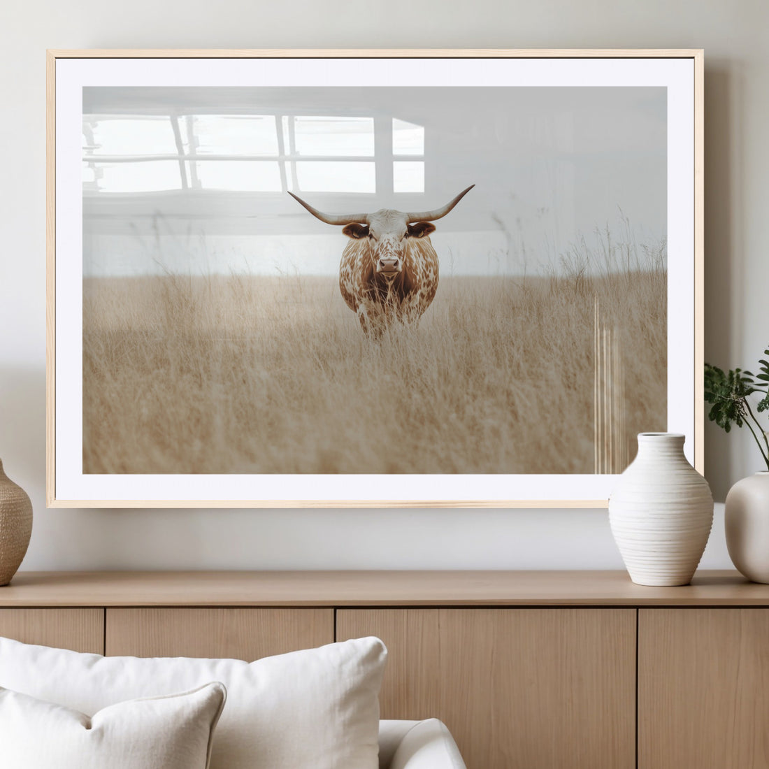 Texas Longhorn Wall Art Canvas Print, Framed Lone Cattle and Longhorn Bull Scene