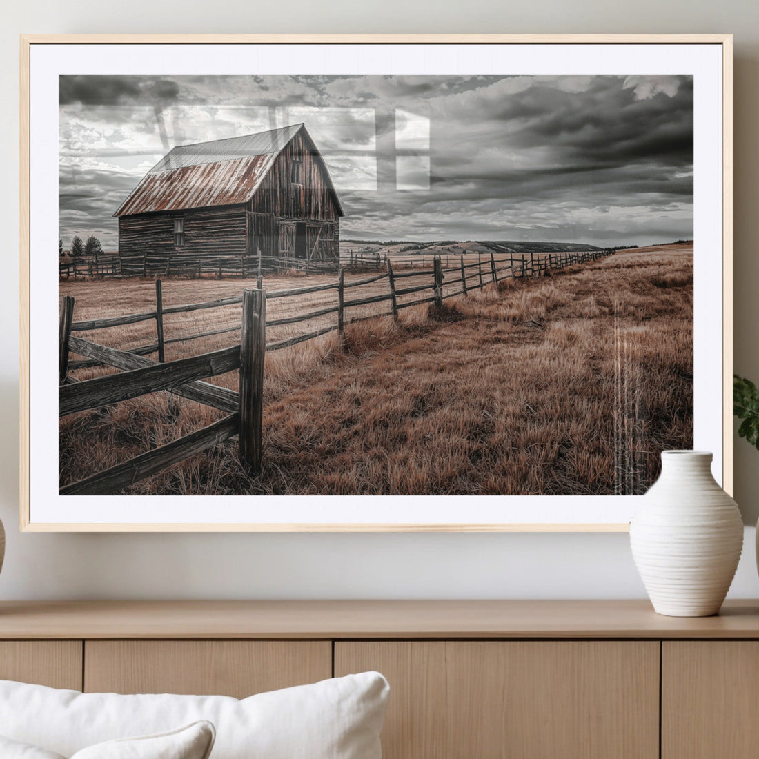 Rustic Barn Wall Art Canvas Print, Framed Moody Field Scene