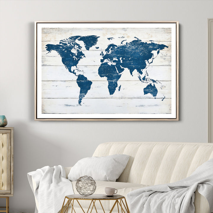 World Map Wall Art Canvas Print, Framed Rustic Atlas Art Picture Print, Wooden Map Perfect Vintage Decor Artwork
