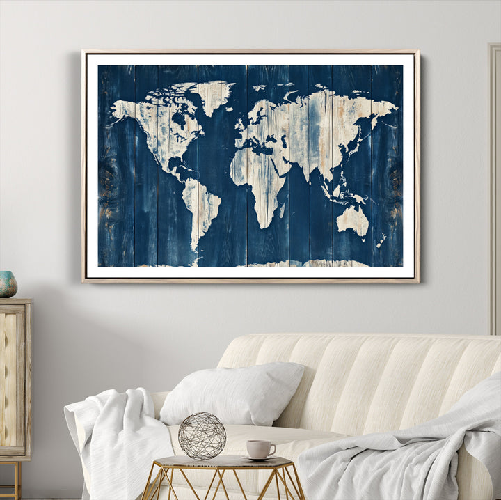 World Map Wall Art Canvas Print, Rustic Map Print, Framed Wooden World Map Art Print, Large Antique Map Decor Printing Perfect for Vintage Decor