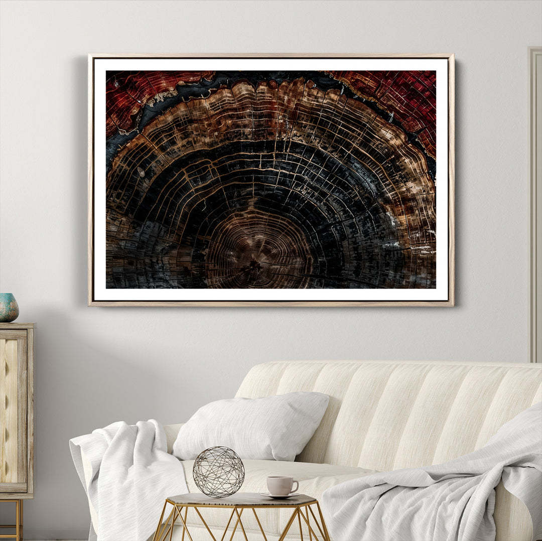 Dark Wood Ring Wall Art Canvas Print, Abstract Wood Tree Print, Framed Rustic Tree Slice Art Print, Large Organic Texture Printing Perfect for Rustic Decor