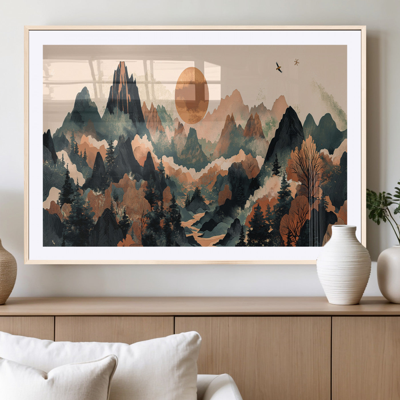MGC-FP-36x24 - Wood Mountain Landscape Wall Art Canvas Print, Framed Sunset Hills Art Picture Print, Abstract Nature Perfect Boho Decor Artwork