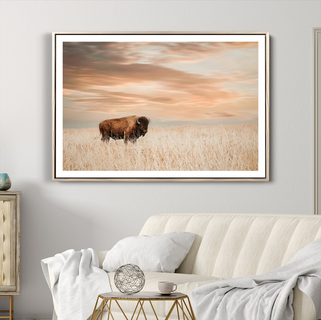 Bison Wall Art Canvas Print, Buffalo Print, Framed Western Prairie Art Print, Large Rustic Wildlife Printing Perfect for Rustic Decor