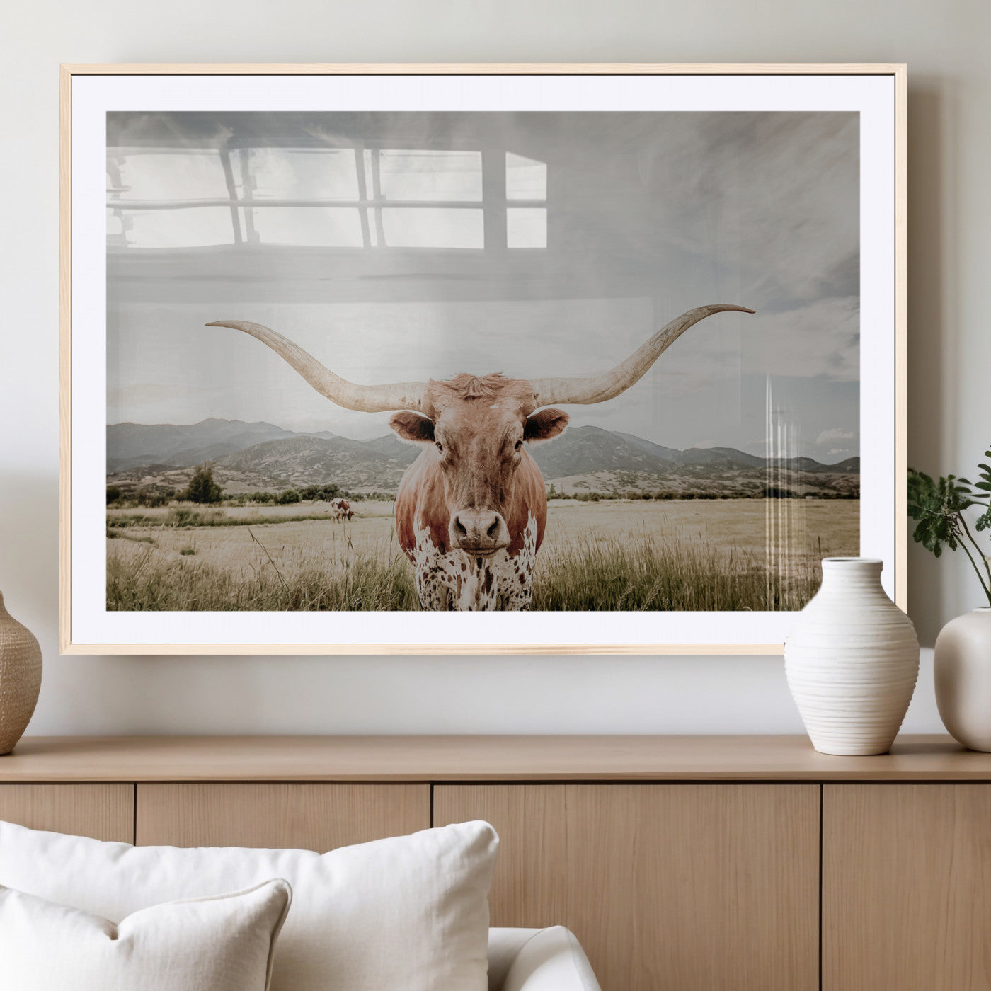 MGC-FP-36x24 - Texas Longhorn Wall Art Canvas Print, Framed Western Cow Art Picture Print, Rustic Farmhouse Perfect Farmhouse Decor Artwork