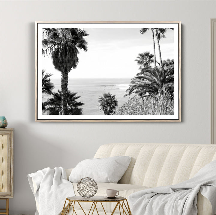 Palm Trees Wall Art Canvas Print, Framed Coastal Art Picture Print, Ocean Horizon Perfect Monochrome Coast Decor