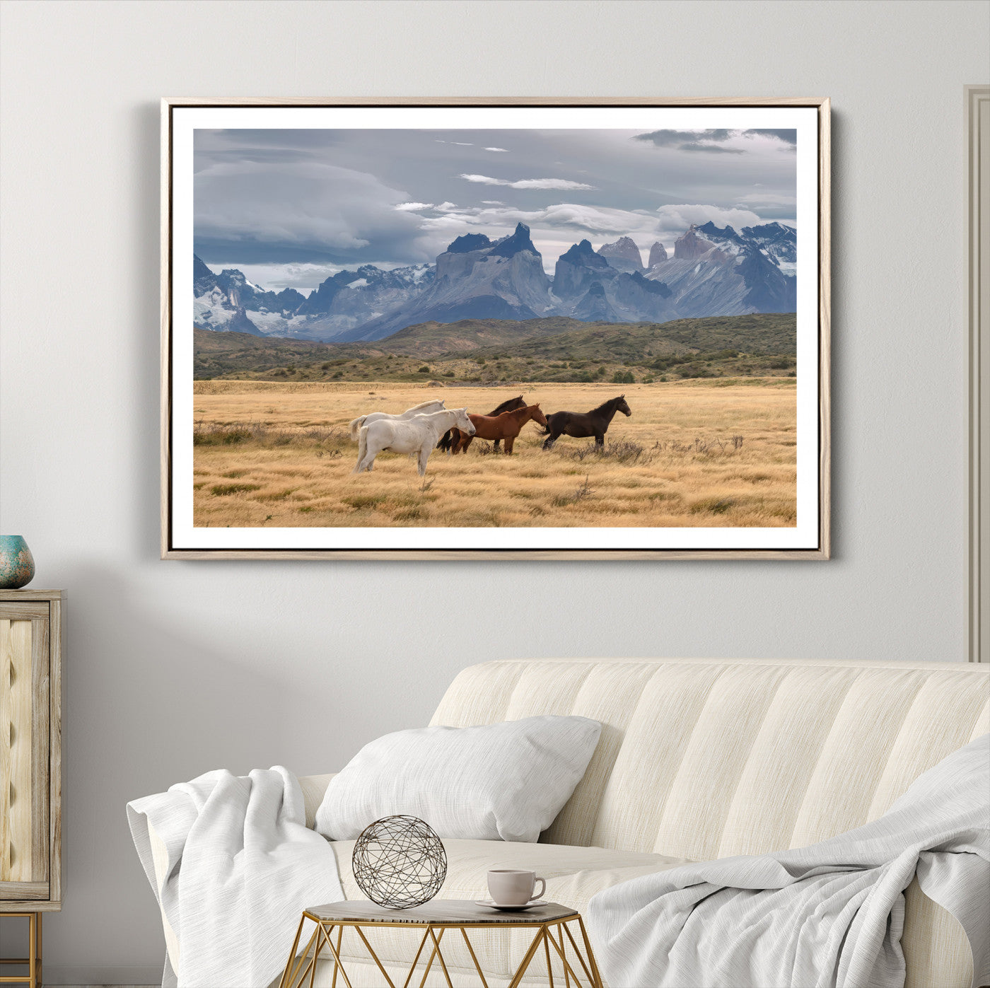 69960232-MGV-CV-36X24-Horses Grazing Wall Art Canvas Print – Framed Mountain Field Scenic Landscape Cloudy Sky Nature Artwork for Home Office