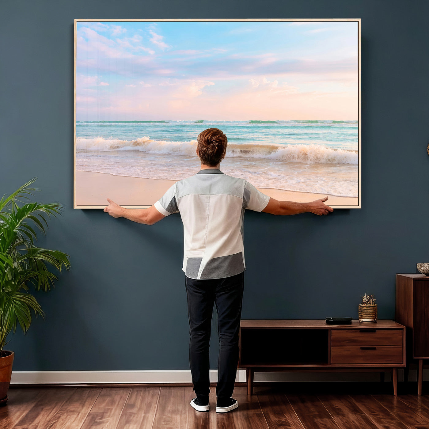 74679437-MGV-CV-36X24 - Serene Waves Wall Art – Golden Shore & Soft Pastel Sky Canvas Print, Gentle Ocean and Peaceful Sunset for Living Room or Office