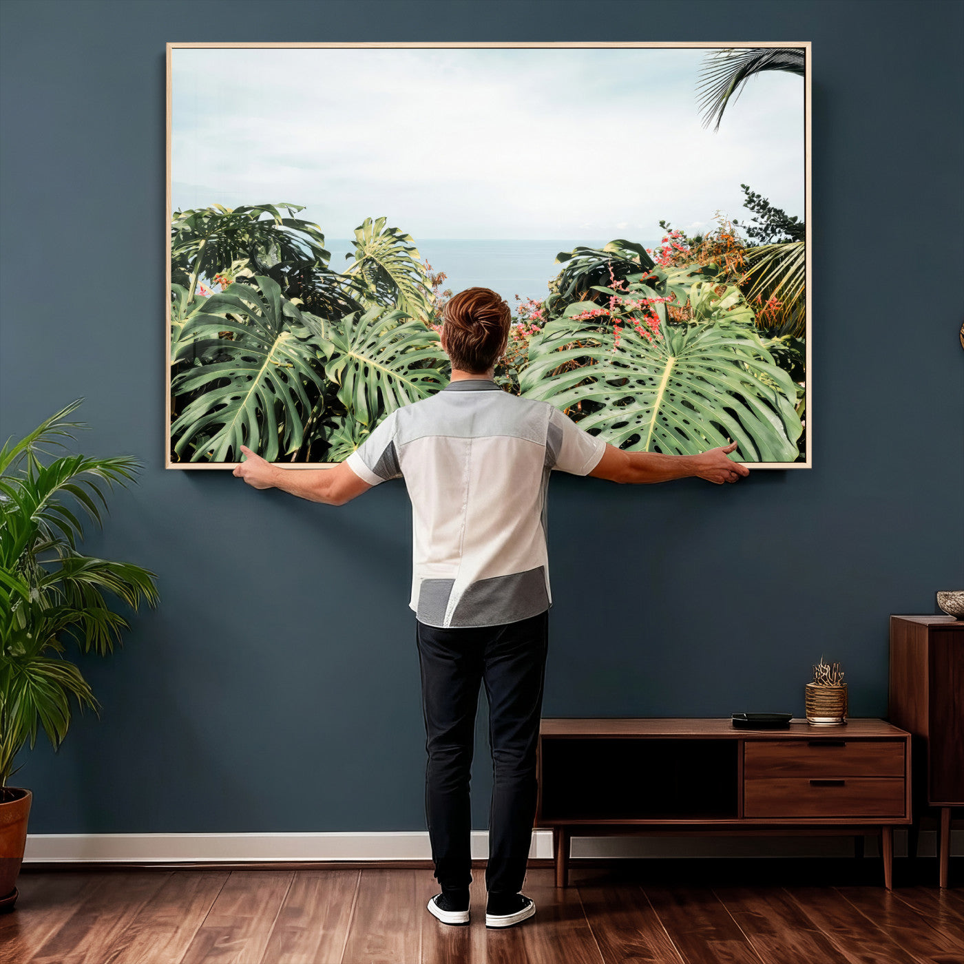 45700479-MGV-CV-36X24 - Tropical Greenery Wall Art – Exotic Leaves & Ocean View Canvas Print, Sunlit Paradise and Vibrant Nature for Living Room or Coastal Decor