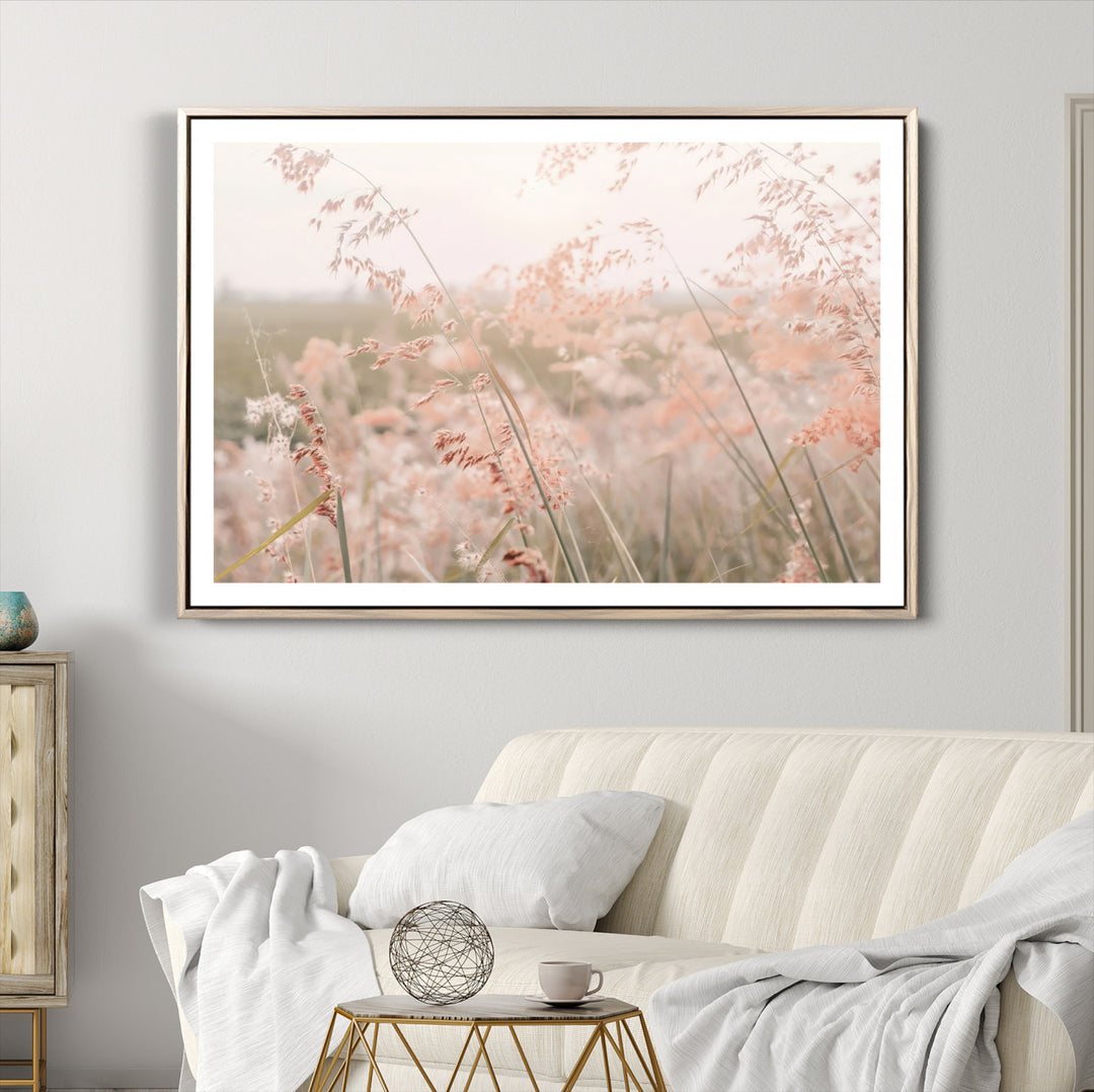 Pastel Grasses Wall Art Canvas Print, Soft Meadow Print, Framed Field in Breeze Art Print, Large Pink Meadow Printing Soft Pastel