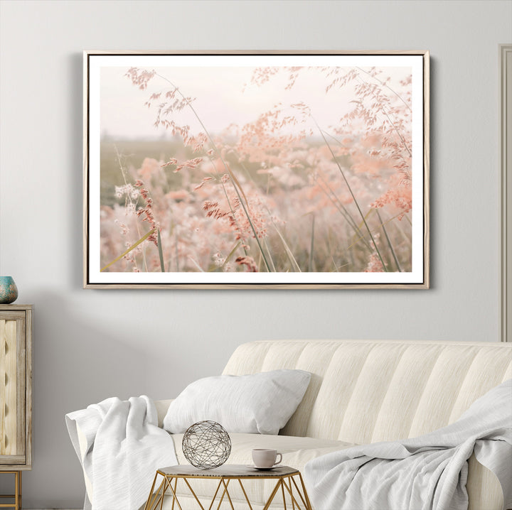 Pastel Grasses Wall Art Canvas Print, Soft Meadow Print, Framed Field in Breeze Art Print, Large Pink Meadow Printing Soft Pastel
