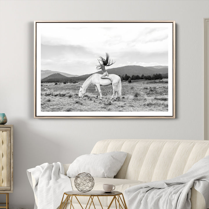 White Horse Wall Art Canvas Print, Woman Rider Print, Framed Equestrian Pose Art Print, Large Grazing Horse Printing Western Boho