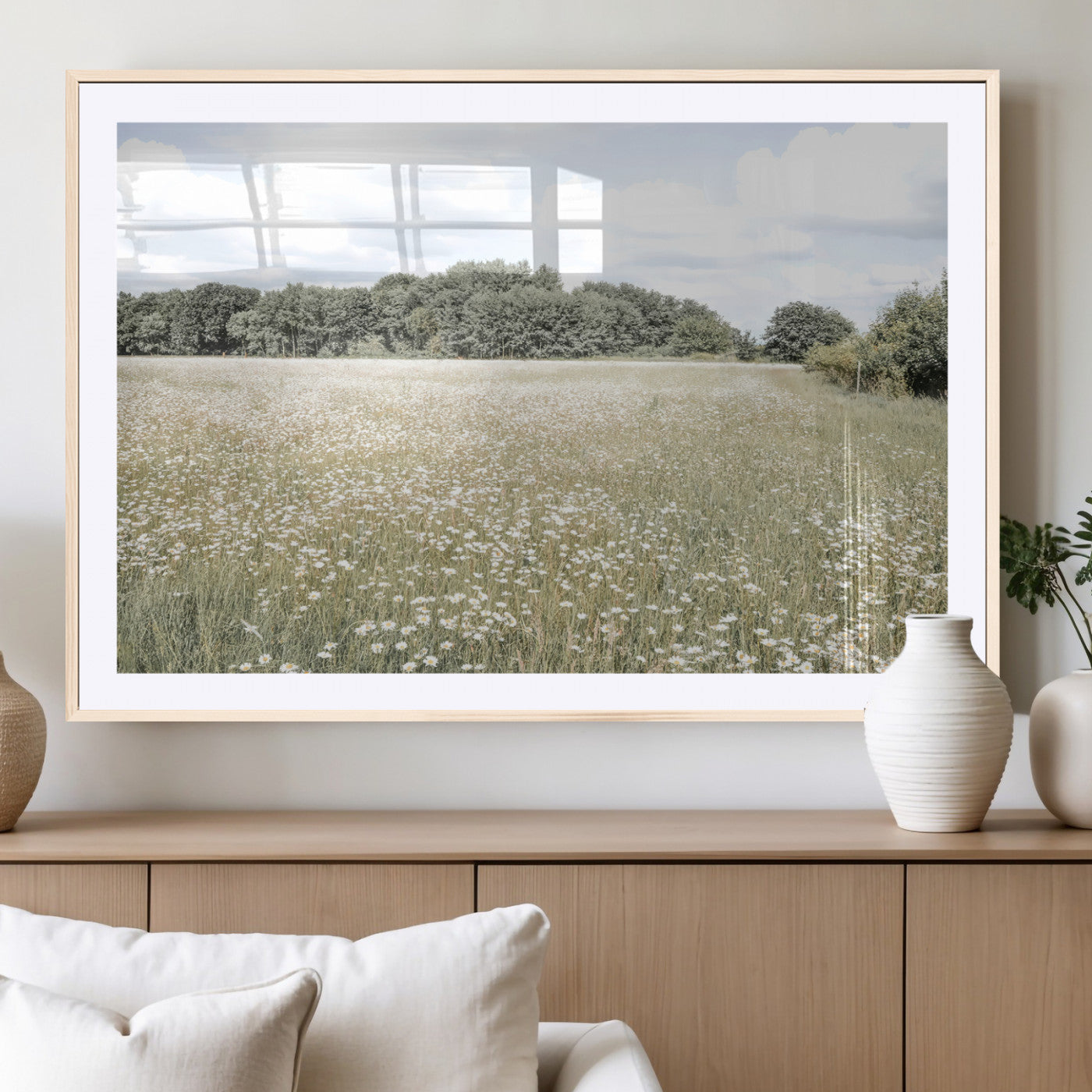 MGC-FP-36x24 - Charming Daisy Field Wall Art Canvas Print, Framed Pastel Flower Art Picture Print, Meadow Bloom Perfect Scandinavian Minimalist Decor Artwork