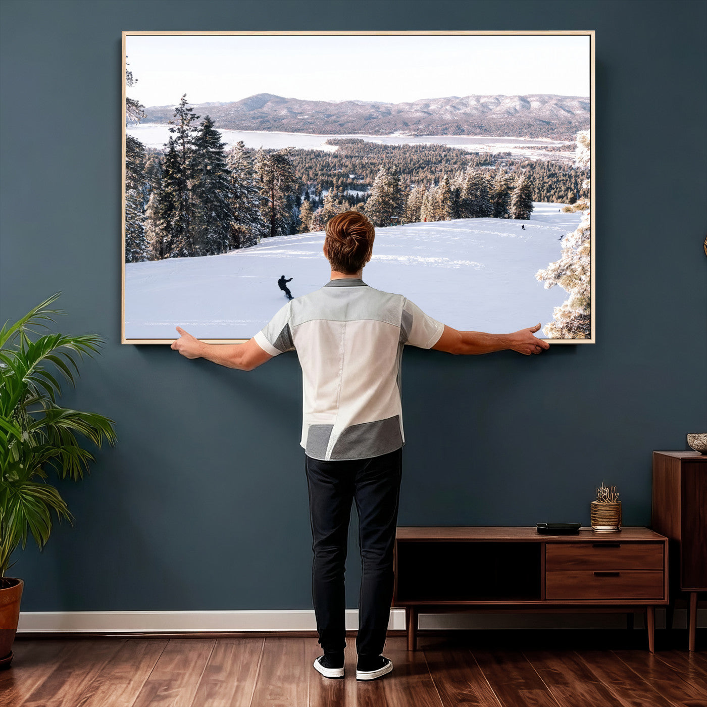 79857868-MGV-CV-36X24 - Snowboarder Wall Art – Winter Slope Canvas Print, Pine Forest, Snow-Covered Mountains, Outdoor Adventure for Living Room or Cabin Decor