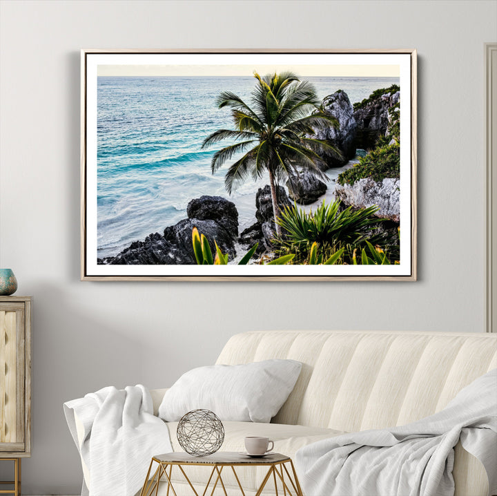 Tropical Coastline Wall Art Canvas Print, Framed Palm Tree Art Picture Print, Rocky Beach Perfect Tropical Coastal Decor