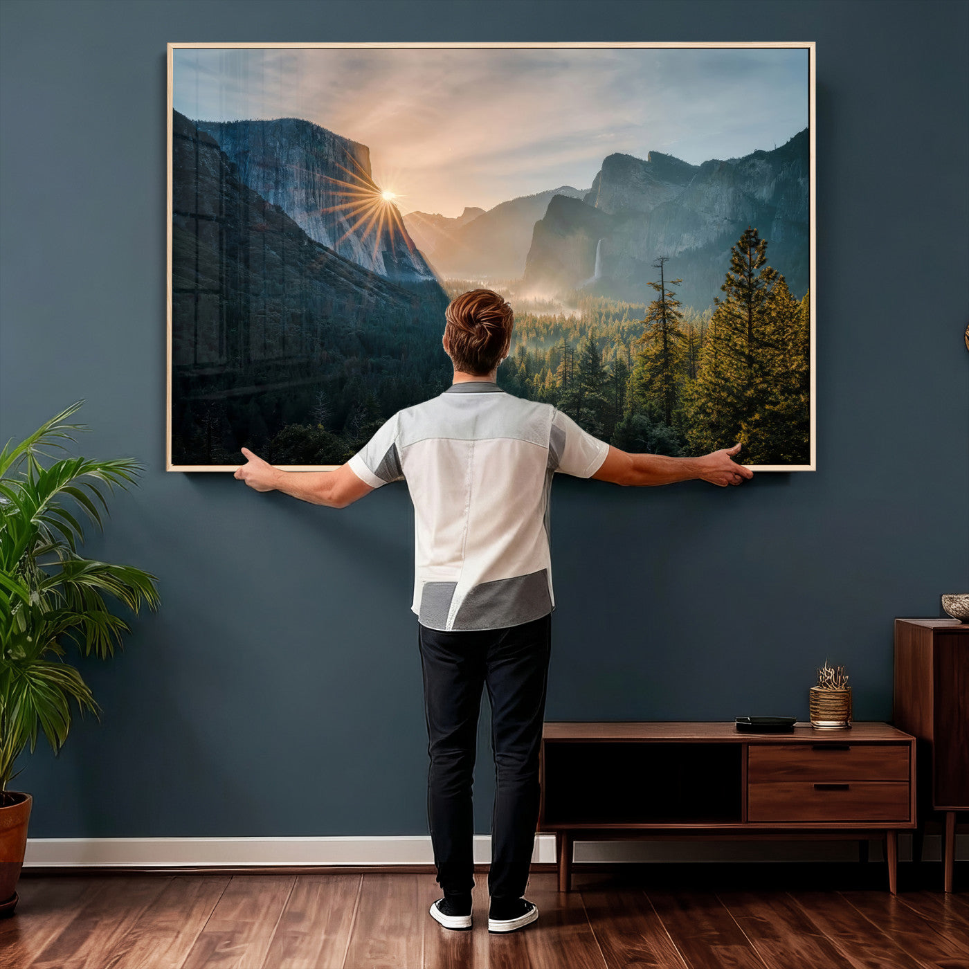 51605481-MGV-CV-36X24 - Yosemite Valley Wall Art – Misty Forest Peaks Canvas Print, Radiant Light, Tranquil Nature Landscape for Living Room or Cabin Decor