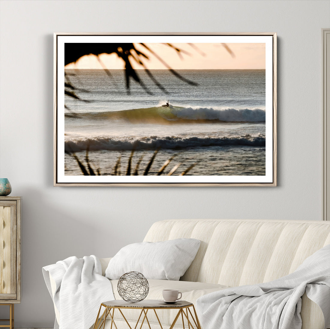 Sunset Surf Wall Art Canvas Print, Framed Golden Hour Waves Boho Beach Art
