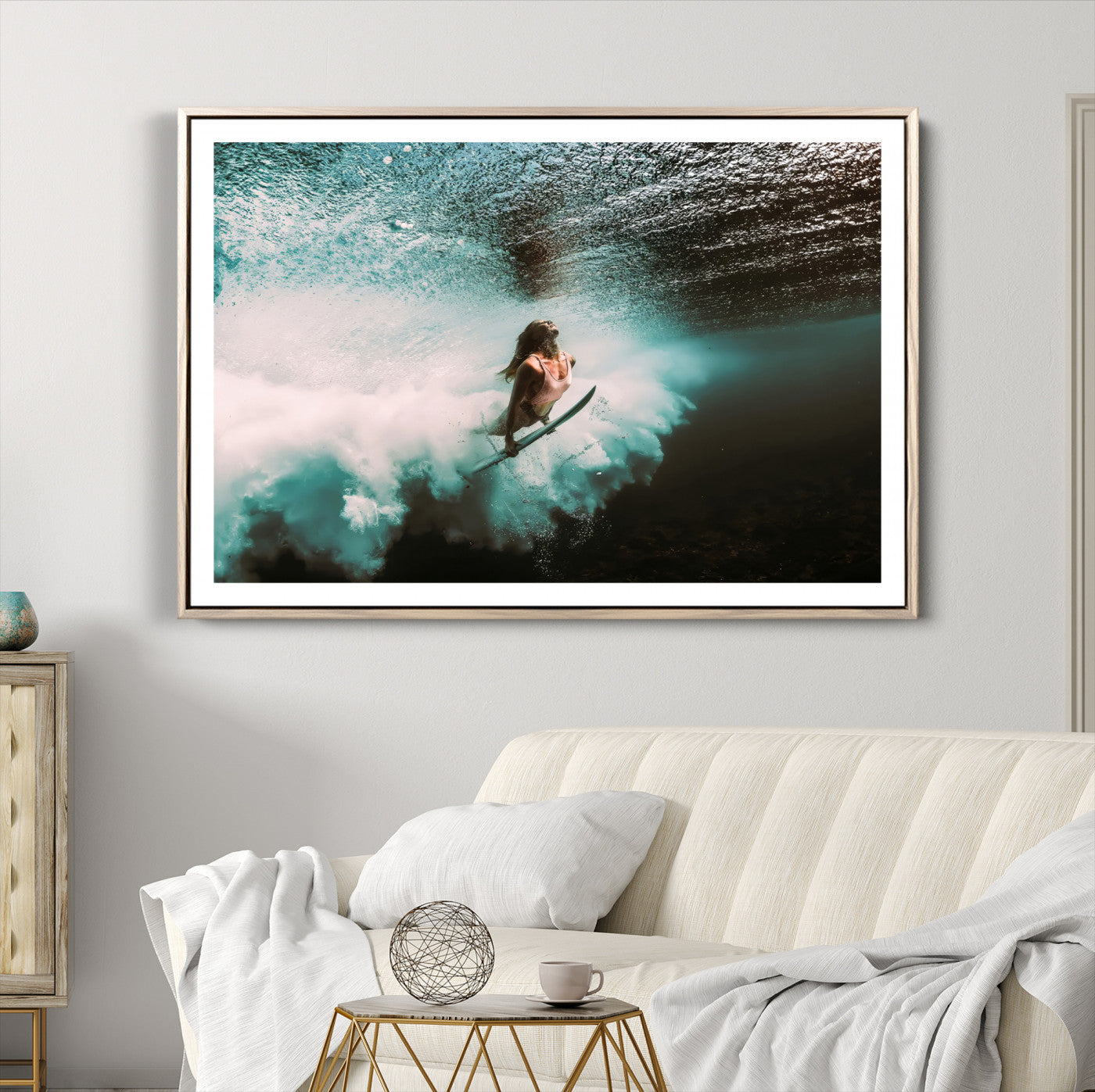 Vibrant Aquatic Motion Wall Art Canvas Print, Framed Underwater Swimming Art Picture Print, Female Surfer Diving Perfect Coastal Boho Decor,