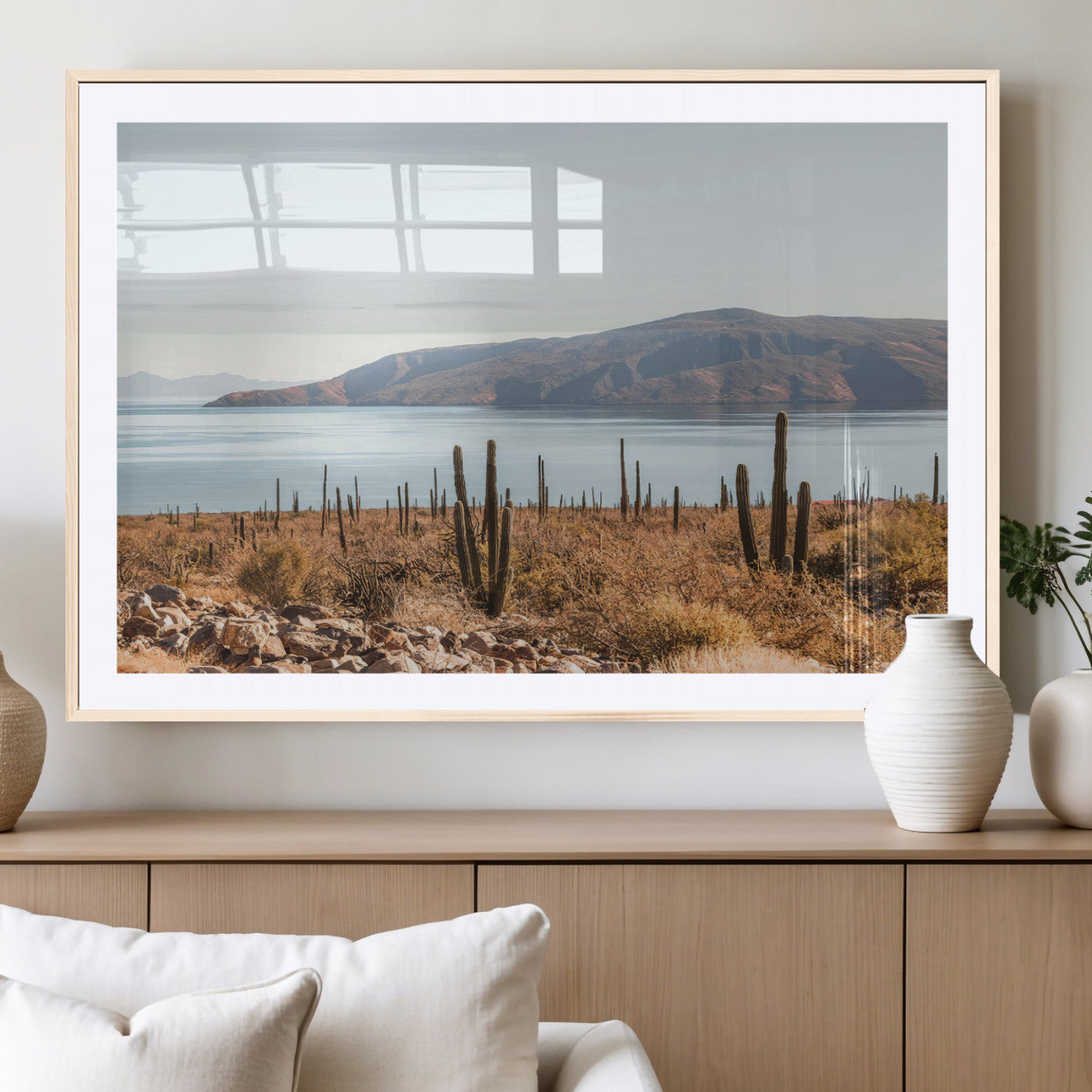 MGC-FP-36x24 - Desert Cactus Wall Art Canvas Print, Framed Baja Coastline Art Picture Print, Coastal Desert Perfect Southwestern Minimalist Decor Artwork