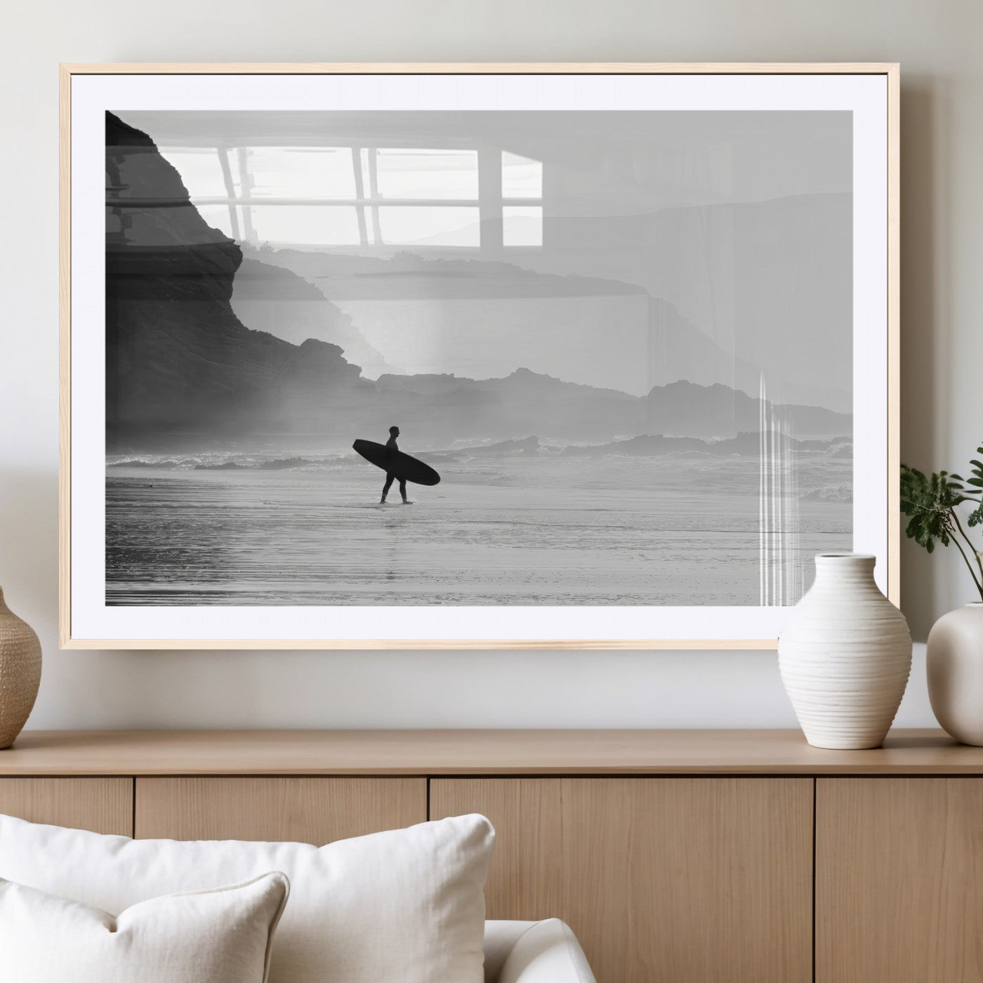 MGC-FP-36x24 - Surfer In Fog Wall Art Canvas Print, Framed Moody Shoreline Art Picture Print, Cliffside Waves Perfect Minimalist Coastal Decor Artwork