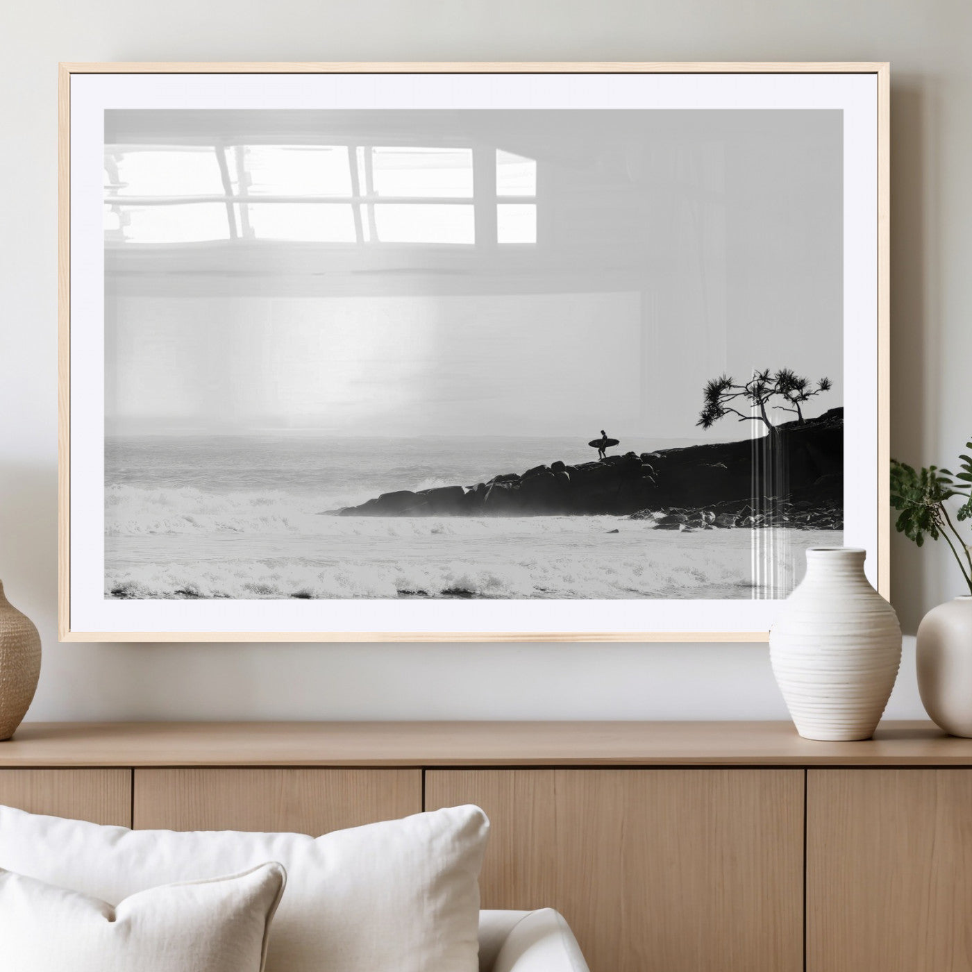MGC-FP-36x24 - SurferCliffs Wall Art Canvas Print, Framed Black White Beach Art Picture Print, Ocean Waves Perfect Minimalist Coastal Decor Artwork