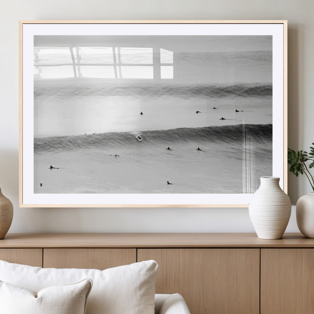 Black White Ocean Wall Art Canvas Print, Framed Coastal Sport and Ocean Swimmers Scene