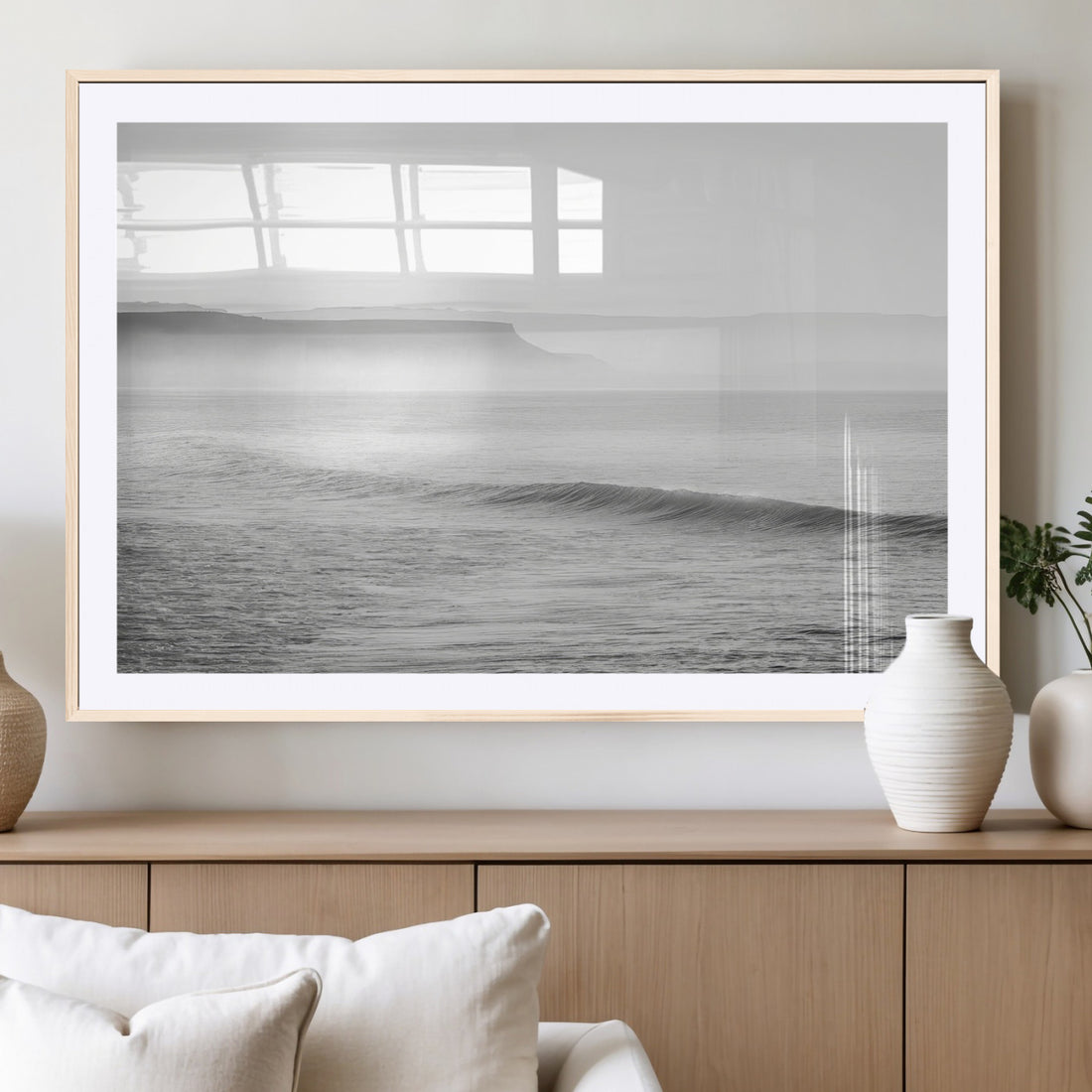 Black and White Seascape Wall Art Canvas Print, Framed Misty Ocean Waves