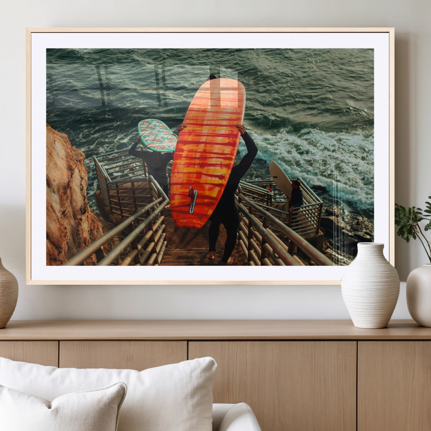 MGC-FP-36x24 - Surfer Stairway Wall Art Canvas Print, Framed Ocean Surf Art Picture Print, Sunset Coastal Perfect Coastal Adventure Decor Artwork