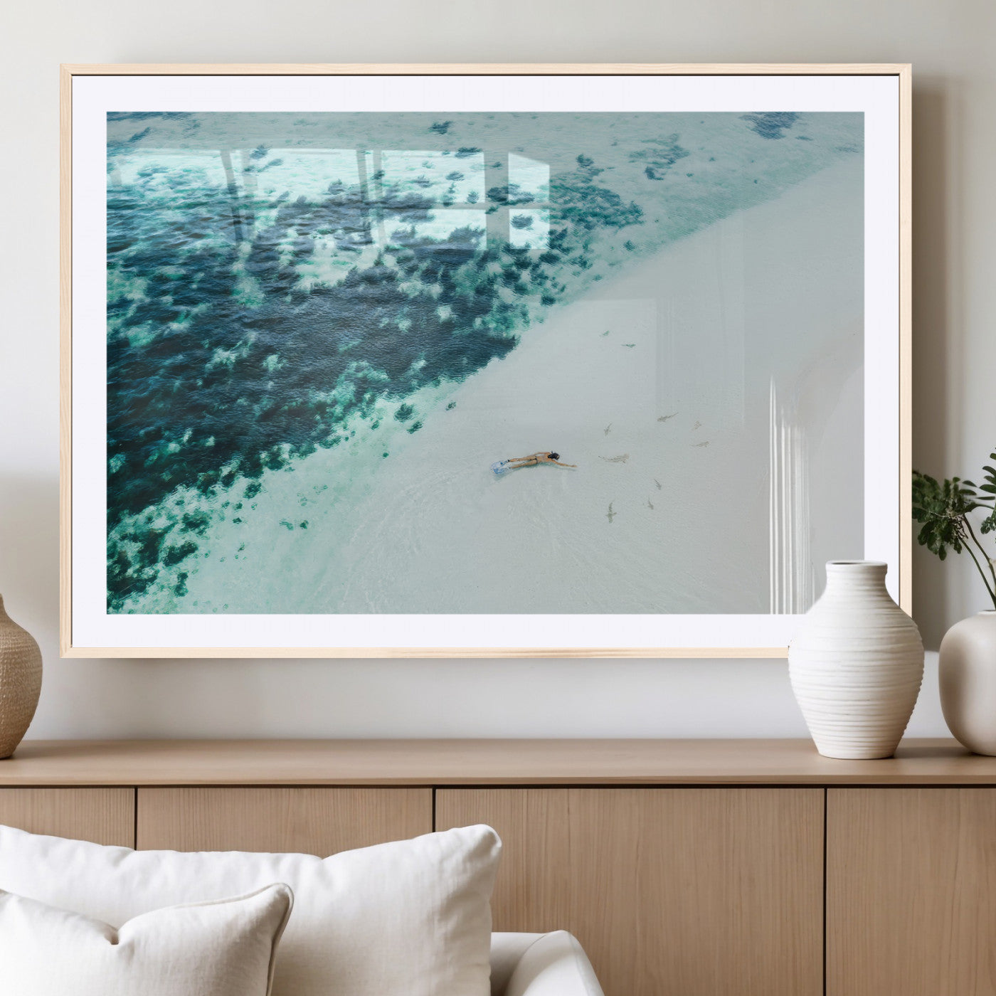 MGC-FP-36x24 - Minimal Beach Wall Art Canvas Print, Framed Ocean Swimming Art Picture Print, Clear Ocean Perfect Minimal Coastal Decor Artwork