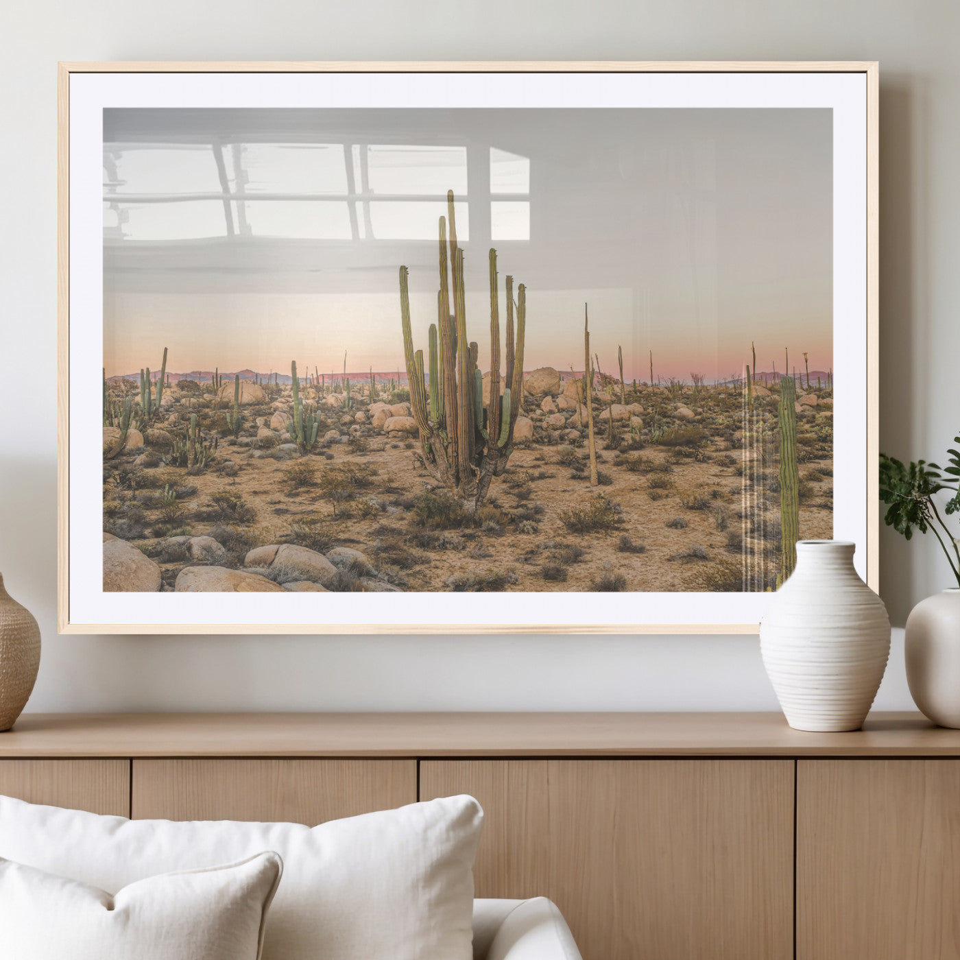 Canvas of tall desert cacti in warm sunset tones over a rocky Baja landscape, ideal for earthy or Southwestern-style home decor.