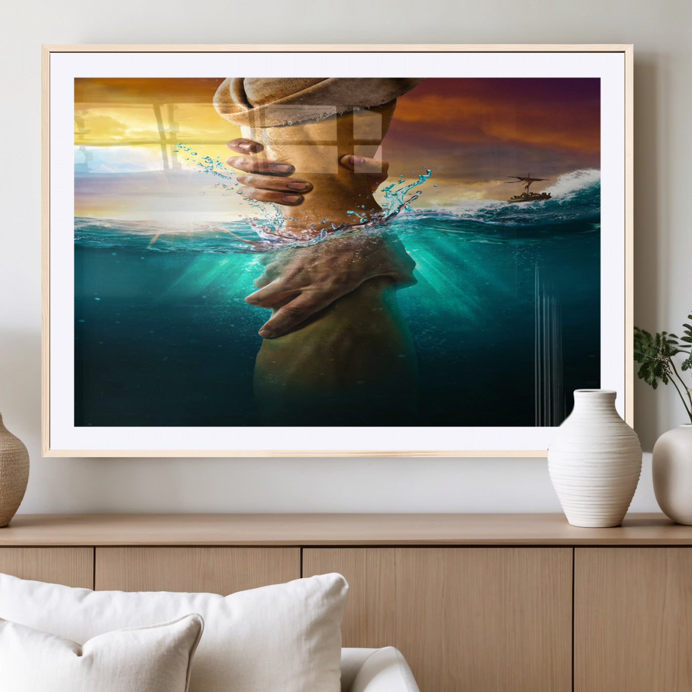A dramatic scene of a hand reaching underwater and being lifted, symbolizing rescue and faith, ideal for spiritual or Christian wall decor.