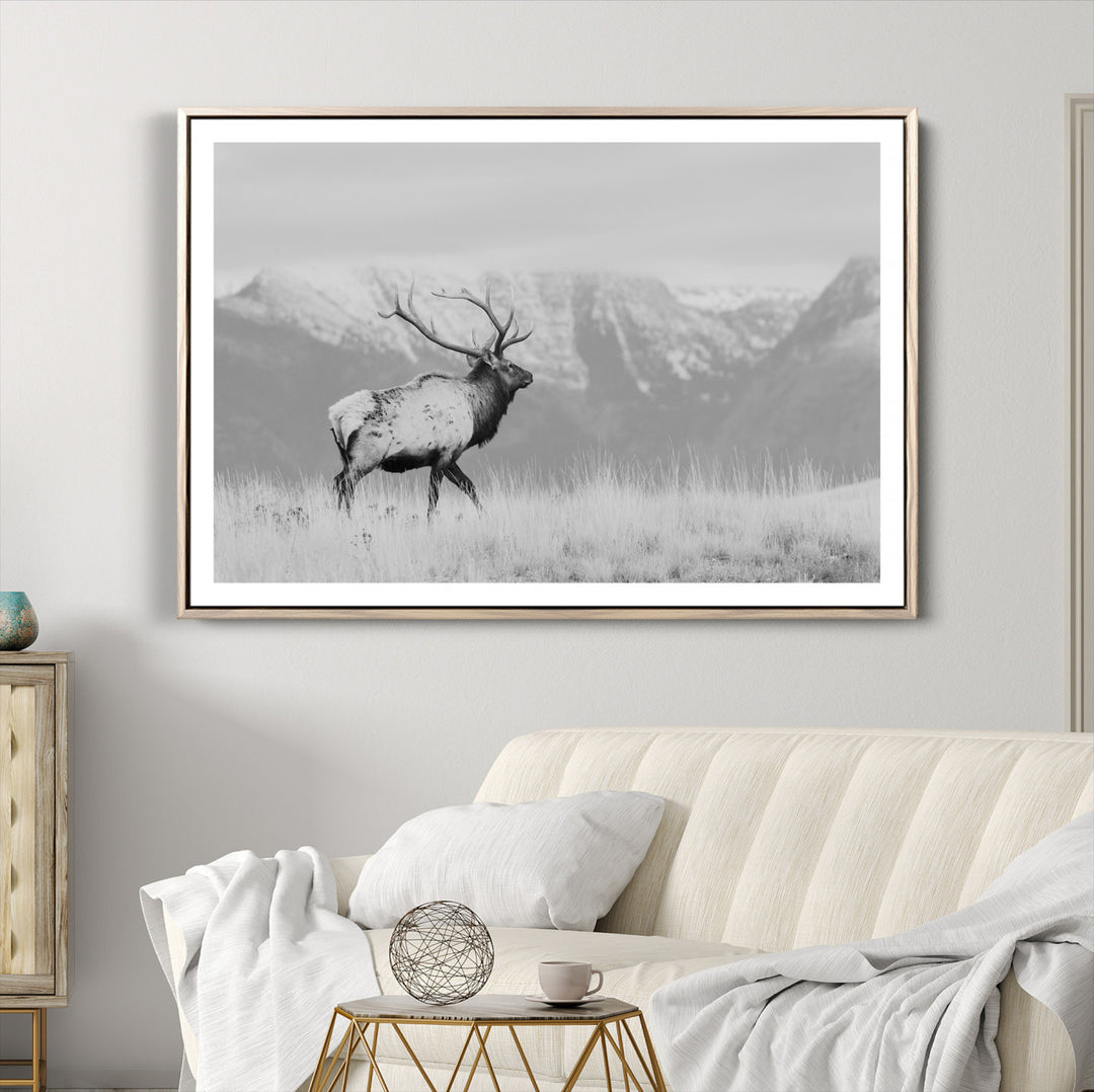 Rustic Elk Wall Art Canvas Print, Wildlife Antler Print, Framed Western Hunting Lodge Art Print, Large Mountain Nature Scene Printing Perfect for Japanese Decor