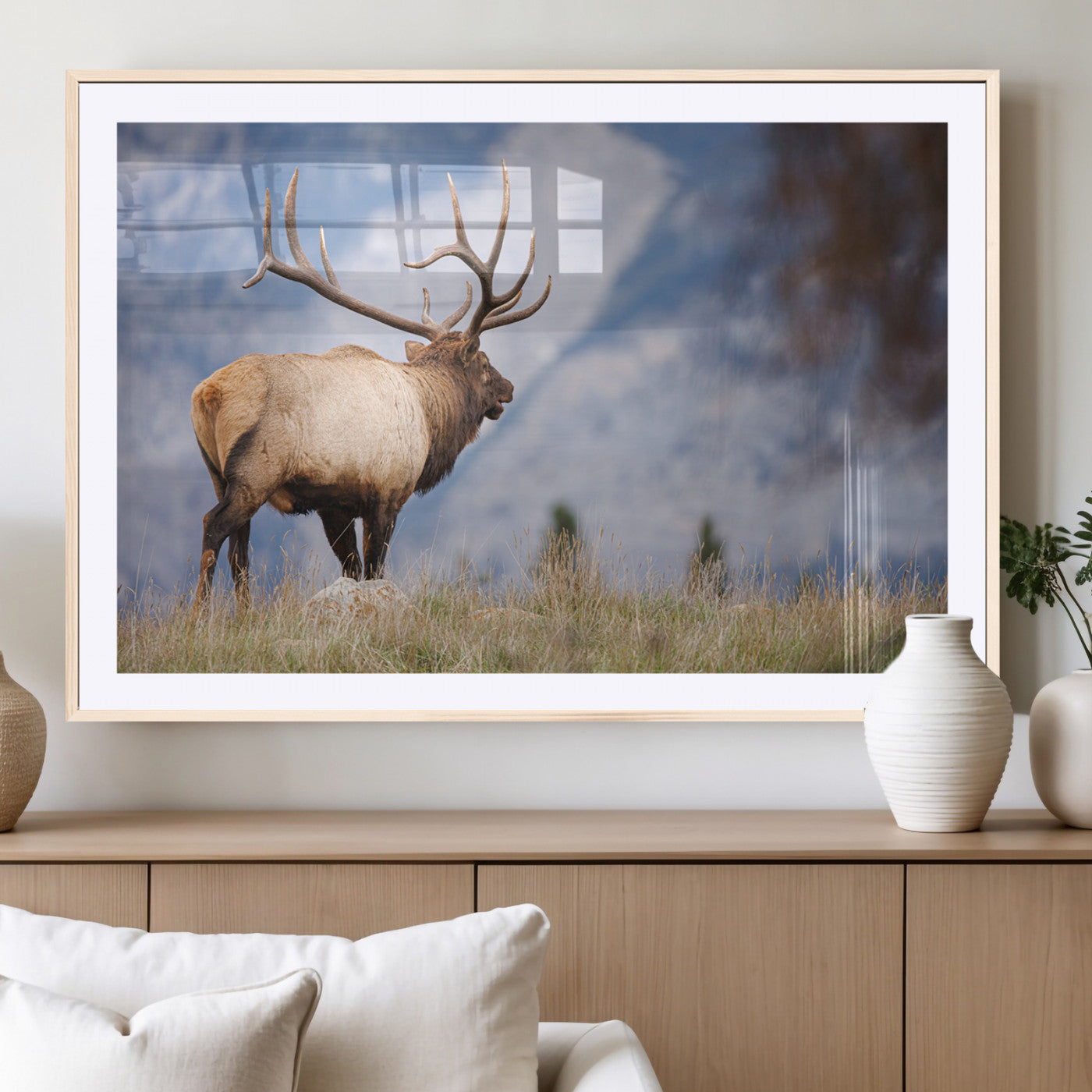 Elk with antlers standing on grass with mountain background, ideal for rustic, cabin, or lodge-inspired wall decor.