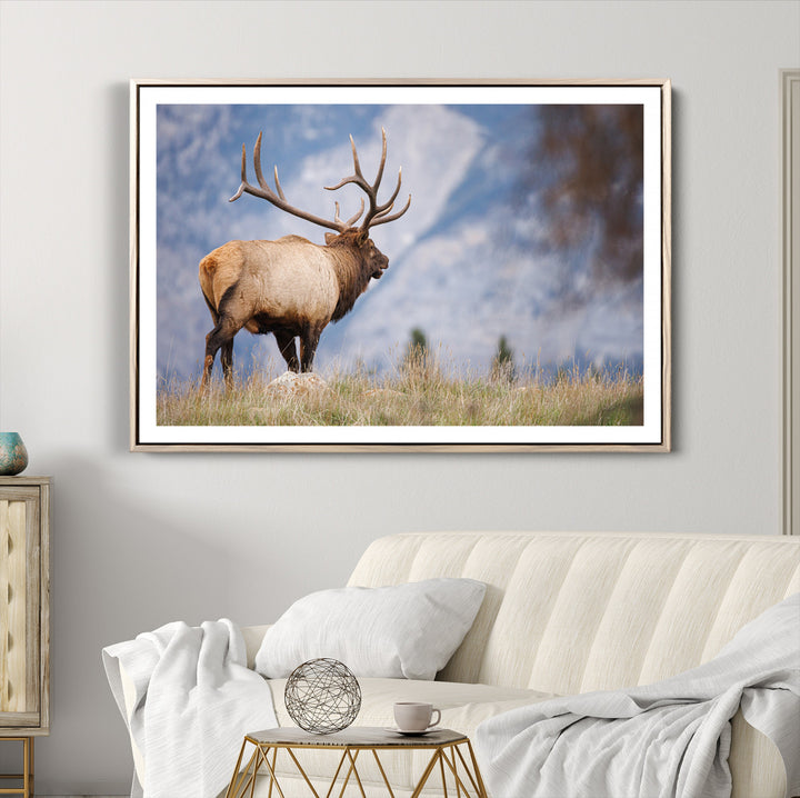 Rustic Elk Wall Art Canvas Print, Wildlife Antler Print, Framed Western Hunting Lodge Art Print