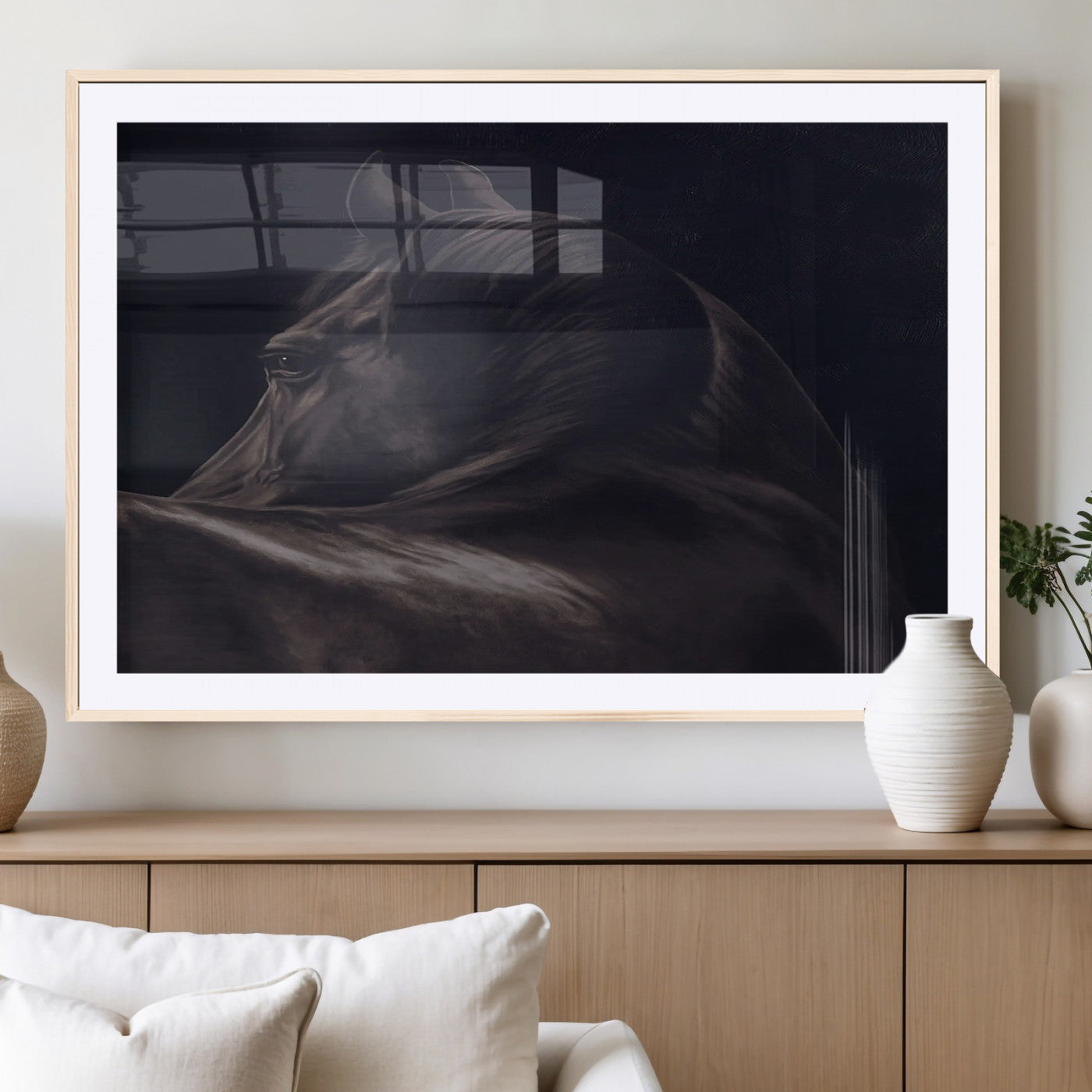Moody black horse portrait with dramatic lighting on dark background, ideal for rustic, modern or Western style home decor.