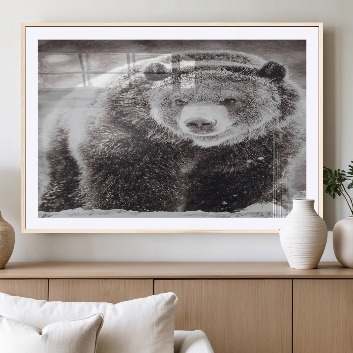 Snow-covered grizzly bear in black and white, ideal for rustic lodge, cabin or wildlife-themed home wall decor.