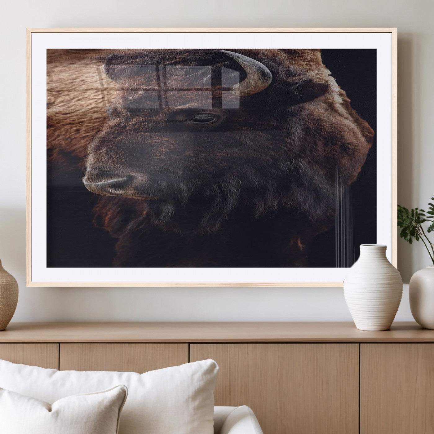Close-up portrait of a bison with dark fur on a black background, perfect for rustic, lodge, or Western-style interior wall decor.