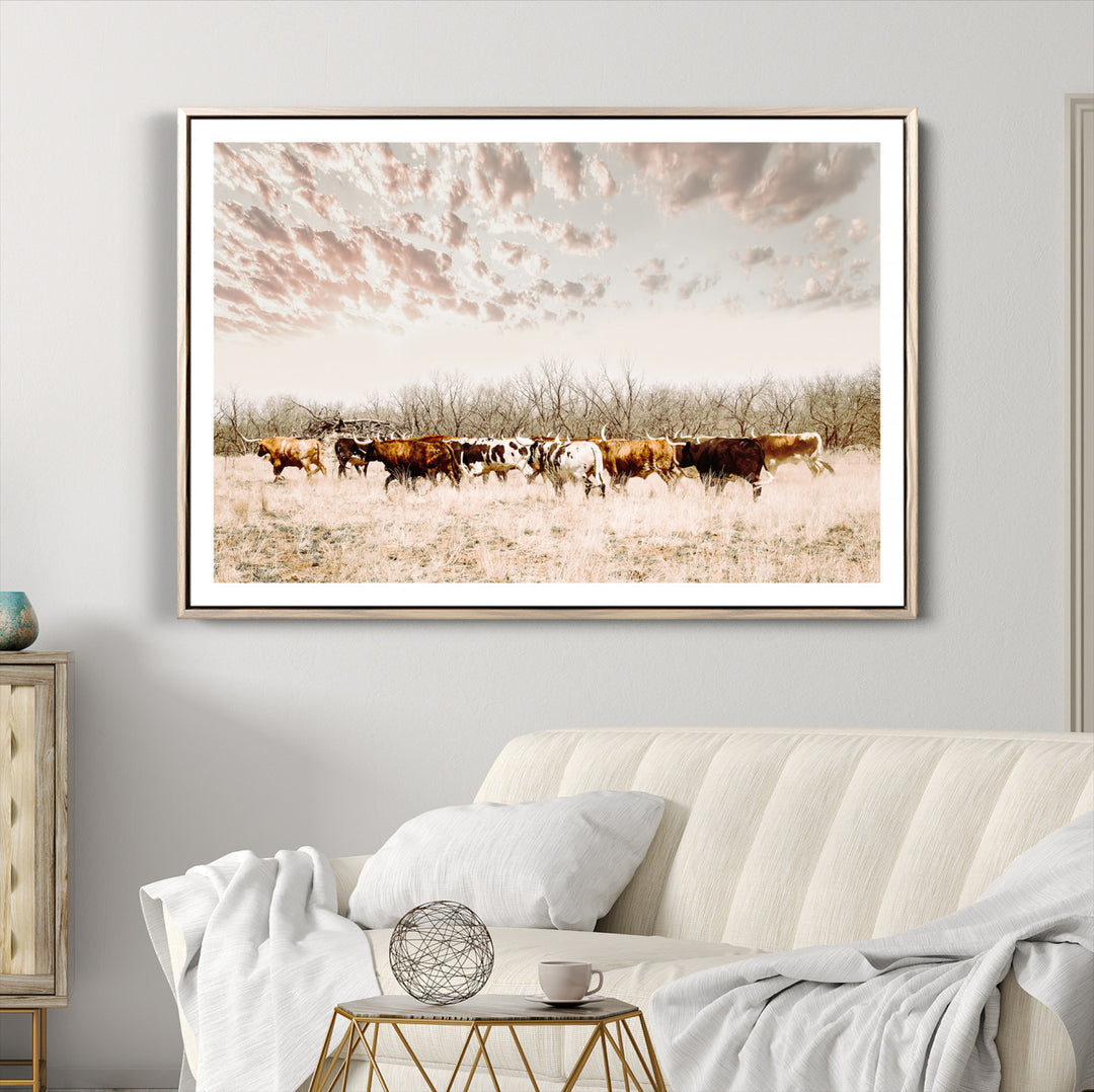 Longhorn Cattle Wall Art Canvas Print, Texas Ranch Print, Framed Western Cow Art Print, Large Prairie Landscape Printing Perfect for Western Decor