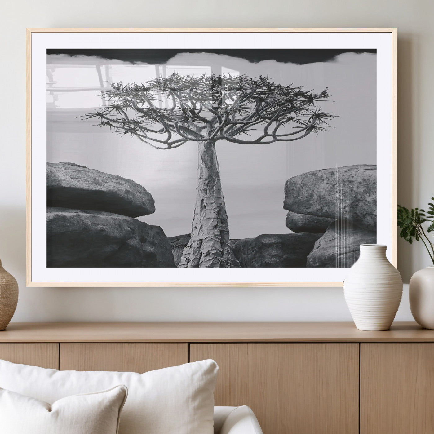 Black and white Joshua tree with bold rocky background, ideal for minimalist or desert-inspired home wall decoration.